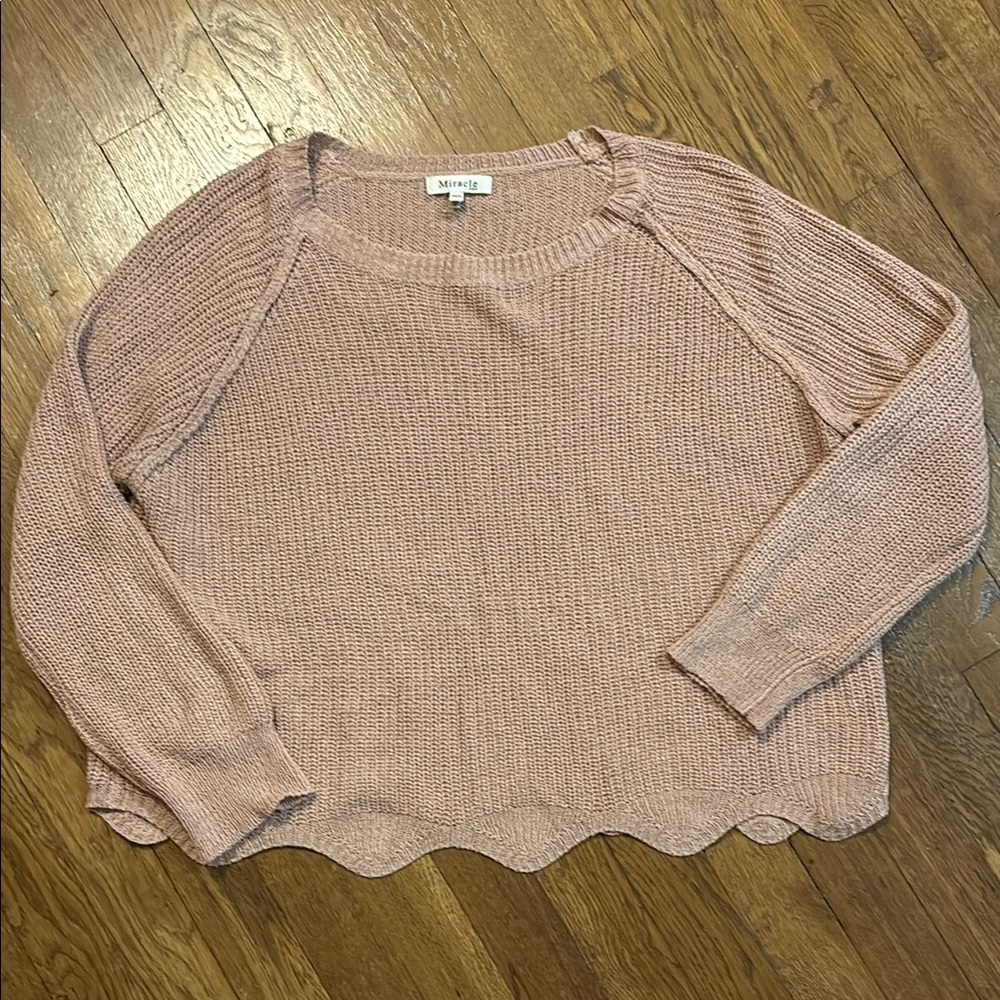 Miracle Pink Crew Neck Cropped Sweater with Ribbed Texture, Women’s Size M/L